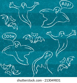 Halloween seamless pattern with doodle ghosts and bats