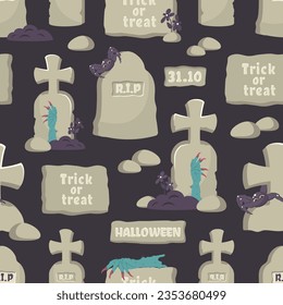 Halloween Seamless pattern. Doodle hand drawn tombstones with Spooky Hands of monster, witch. Old carved inscriptions. Spooky Spider, cobweb, ground, text. Autumn holiday of dead. Vector illustration