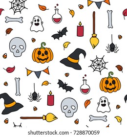 Halloween seamless pattern doodle isolated set of scary items
