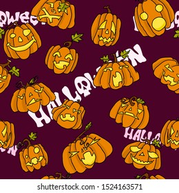 Halloween seamless pattern with doodle pumpkins on burgundy background.