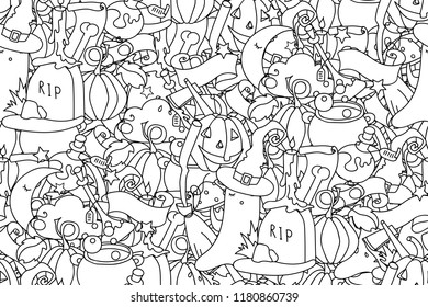 Halloween seamless pattern in doodle style. Lots of spooky objects. Possibility to change color. Vector background for coloring.