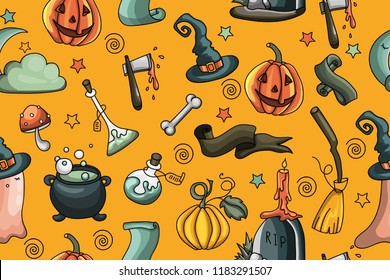 Halloween seamless pattern in doodle style. Spooky objects on orange background. 