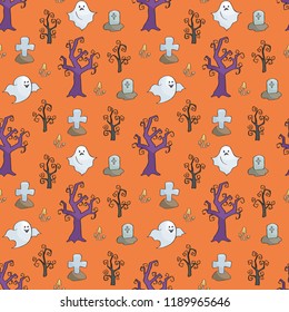 Halloween seamless pattern in doodle style. Childhood vector background.