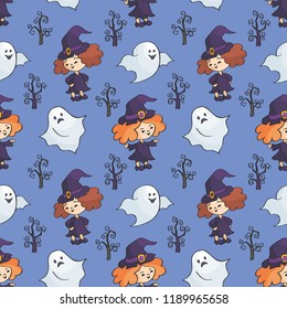 Halloween seamless pattern in doodle style. Childhood vector background.