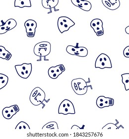 Halloween seamless pattern in doodle style. Hand drawn vector illustration. ghost, halloween pumpkin, skull, monster.