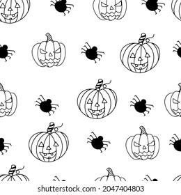 Halloween seamless pattern. Doodle style. Pumpkins and spiders.