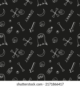 Halloween seamless pattern in doodle style on black background.