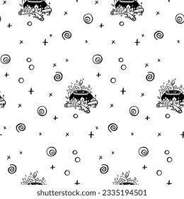 Halloween Seamless pattern in doodle style. Vector hand drawn holiday illustration. Line art sketch
