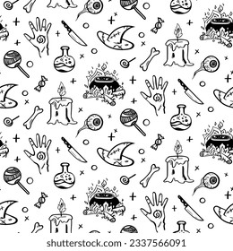 Halloween Seamless pattern in doodle style. Vector hand drawn holiday illustration. Line art sketch