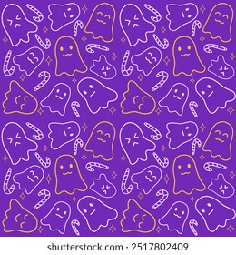 halloween seamless pattern with doodles illustrations of ghosts, candy canes for background, printing, decoration
