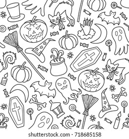 Halloween. Seamless pattern in elements of doodle and cartoon style.