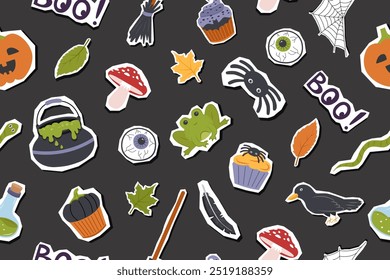 Halloween seamless pattern of Halloween elements stickers isolated on black background. Halloween banner.