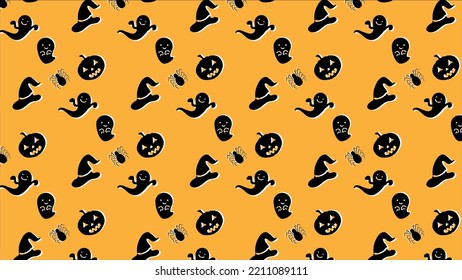 Halloween. Seamless pattern of halloween elements stuff. pumpkin,ghost,witch hat,spider. yellow background