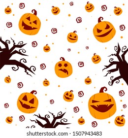 Halloween seamless pattern with emotion pumpkins faces. Decorative background , backdrop, and fabric.