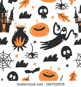 Halloween seamless pattern. Endless background with pumpkins, skulls, witch's cauldron, bats, ghosts, spider web and haunted house