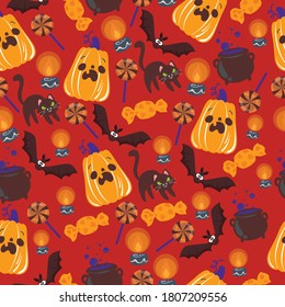 Halloween seamless pattern. Endless background with pumpkins, skulls, bats, spiders, ghosts, bones, candies, spider web and speech bubble with boo