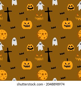 Halloween seamless pattern. Endless background with pumpkins, skulls, bats, ghosts