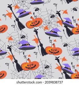 Halloween seamless pattern or endless wrapping texture design  with witches broom and pumpkin, flat cartoon vector illustration on grey background. 