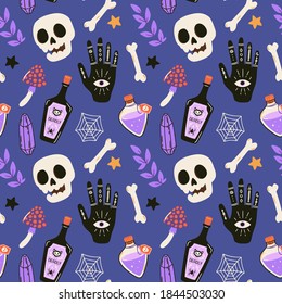 Halloween seamless pattern with esoteric hand symbol, skull, bottle of poison and crystals. Cute spooky vector illustration. Hand drawn endless texture for textile, wrapping paper, fabric design. 