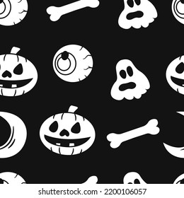 Halloween seamless pattern with eyes, ghosts, bones, and more. Halloween seamless black background. Ready for printing. easy to edit

