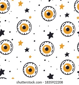 Patrón ininterrumpido de Halloween con ojos y estrellas.Fondo vectorial de octubre.Tejido y textura de vacaciones