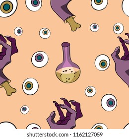 Halloween seamless pattern with eyes and vials with potion.