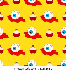 Halloween seamless pattern with eyes and vials with potion.