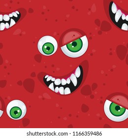 Halloween seamless pattern with face of cartoon expression monster.