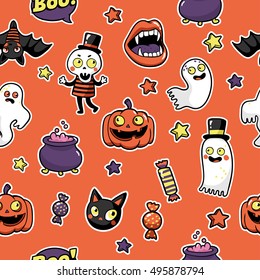 Halloween seamless pattern with fashion patch badges with  ghost, pumpkin, vampire, black cat, skeleton and other elements. Vector background with stickers, pins, patches in cartoon comic style.