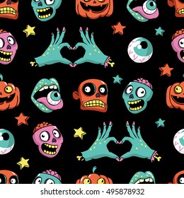 Halloween seamless pattern with fashion patch badges with pumpkin, zombies and other elements. Vector background with stickers, pins, patches in cartoon comic style.