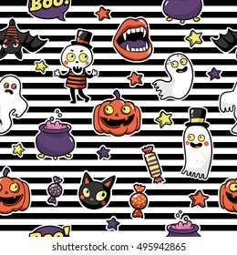 Halloween seamless pattern with fashion patch badges with ghost, pumpkin, vampire, black cat, skeleton and other elements. Vector background with stickers, pins, patches in cartoon comic style.