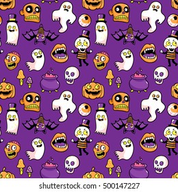 Halloween seamless pattern with fashion patch badges with ghost, pumpkin, vampire, skeleton and other elements. Vector background with stickers, pins, patches in cartoon comic style.