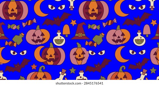 Halloween seamless pattern features smiling pumpkins bats moons witch hats candies and potion bottles on vivid blue