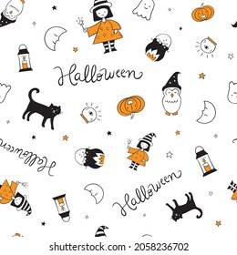 Halloween seamless pattern featuring costumes, a witch, a magic wand, a cat, a pumpkin, a moon, a cauldron, a ghost, an owl, a lantern, a magic ball, and stars