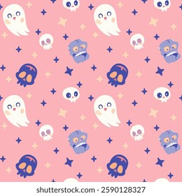  Halloween seamless pattern featuring cute ghosts, skulls, and sparkling stars on a pastel pink background.   