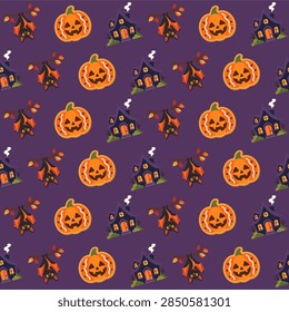 Halloween Seamless Pattern featuring Jack O Lantern Pumpkins Haunted Houses and Bats on Purple Background