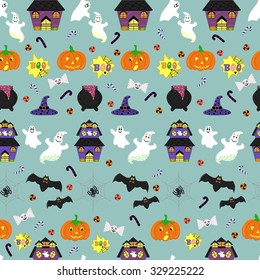 Halloween seamless pattern with festive characters and objects: pumpkin, ghost, bat, spider, candy, magic hat, haunted house, etc. Set of halloween icons. Halloween symbols. Vector illustration.