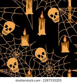 Halloween seamless pattern. Festive decoration of advertising and congratulatory products. Flat vector cartoon illustration. Objects isolated on dark background.