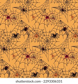 Halloween seamless pattern. Festive decoration of advertising and congratulatory products. Flat vector cartoon illustration. Objects isolated on dark background.