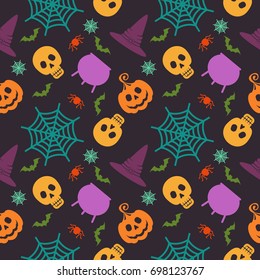 Halloween seamless pattern. Festive decoration of advertising and congratulatory products. Flat vector cartoon illustration. Objects isolated on dark purple background.