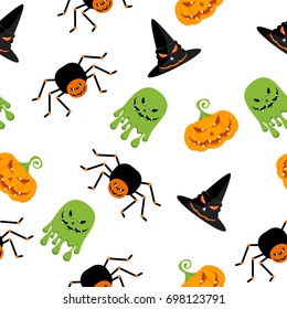 Halloween seamless pattern. Festive decoration of advertising and congratulatory products. Flat vector cartoon illustration. Objects isolated on white background.