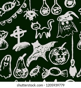Halloween. Seamless Pattern festive elements. Autumn holidays. Pumpkin, ghost, spider, candy, eye, bat, broom, flags, potion, cat, cemetery