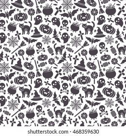 Halloween Seamless Pattern with Flat Black Icons on White Background. Vector Illustration. 