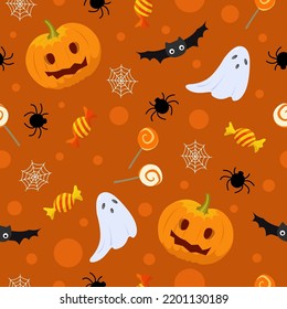 Halloween seamless pattern in flat cartoon style. Pumpkins, bats and gousts. Vector illustration