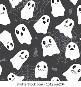 Halloween seamless pattern. Flat cute scary ghosts and spider web. Spooky characters