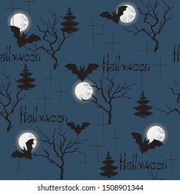 Halloween seamless pattern. Flat design. Dark endless background with the moon, crosses, trees for fabric, paper.