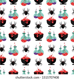 Halloween seamless pattern with flat icons on a white background. Vector illustration 