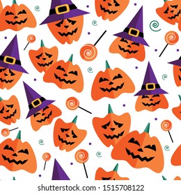Halloween seamless pattern with flat icons on a white background. Vector illustration 