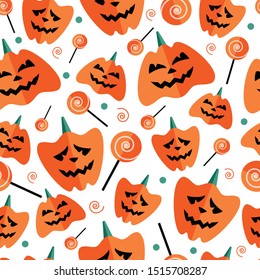 Halloween seamless pattern with flat icons on a white background. Vector illustration 