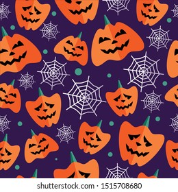 Halloween seamless pattern with flat icons on a purple background. Vector illustration 